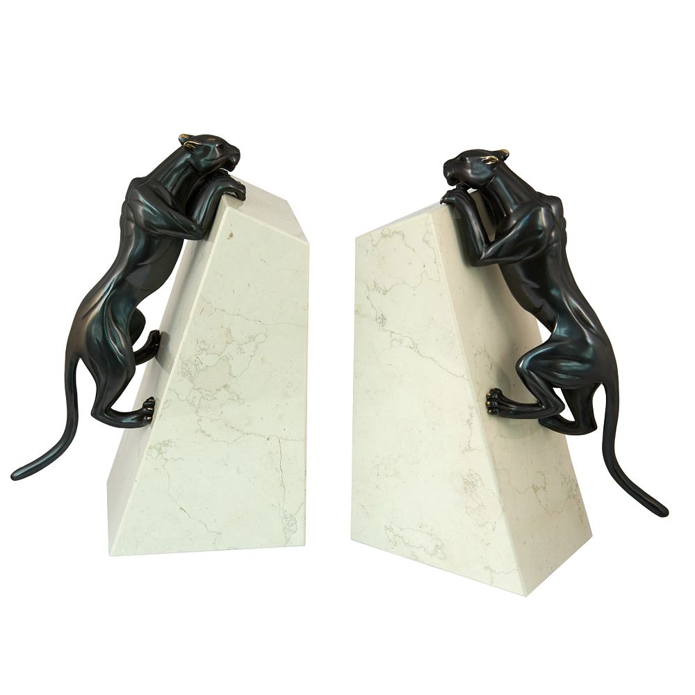 Пантеры держатели для книг, пантеры: бронза, темная патина, основание: мрамор . полностью ручная 