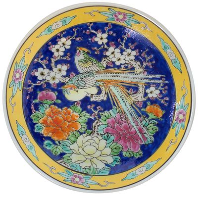 Керамическая тарелка с изображением цветов и птиц, Япония, 80-е гг. . д.: 25 см 
клеймо 