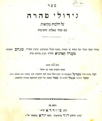 Gidulei Taharah. First Edition. Furth 1845
. Novella on Mikvaos, as well as numerous Halachic 