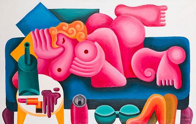 Corte, Maria (*1983). Visita de Dionisio, 2024Acrylic on CanvasSigned lower right28.7 &times; 46.1 