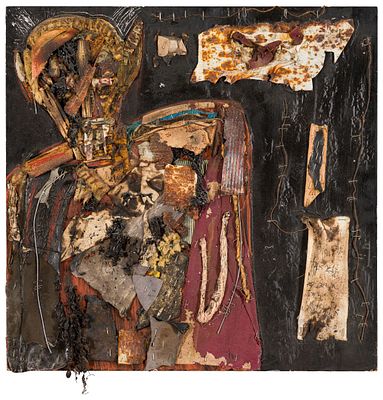 Diop, Alexandre (*1995). UntitledAssemblage on woodMonographed and inscribed on verso22.44 x 