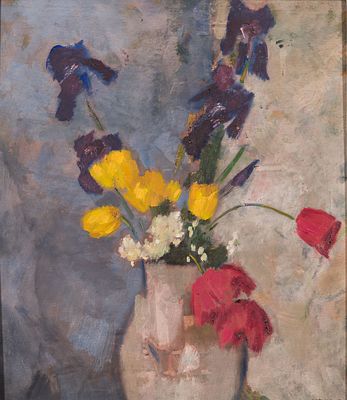 Krause, Heinrich (1885-1983). Floral Still Life with Tulips and IrisOil on paletteSigned lower 