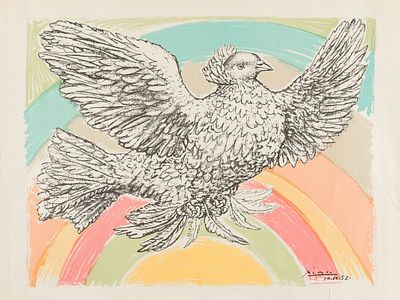 Picasso, Pablo (1881-1973). Colombe Volant (&agrave; l'Arc-en-ciel), 10.10.(19)52Color lithographStamp 