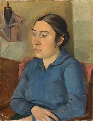 Schmid, Fritz (1898-1979). Sitting Woman in a blue JumperOil on canvasSigned lower left22.83 &times; 