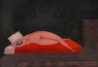 Bahunek, Branko (1935-2005). Reclining nude on red Bedsheet (No. 14 Rast), (19)82Oil on 