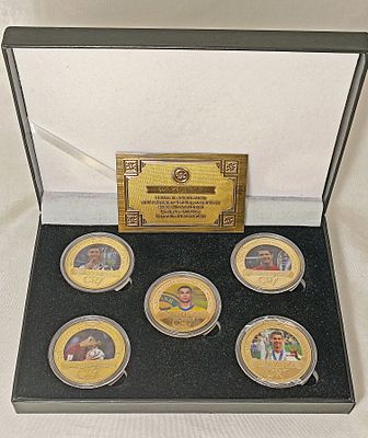 Case with 5 Cristiano Ronaldo tribute coins in silver plated in 24K gold, limited edition 