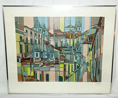 Oil painting with frame and glass signed A.Portela with a motif of the city of Lisbon 
67cm wide 