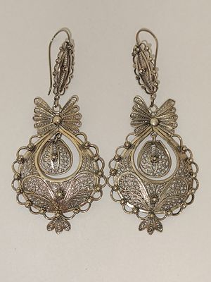 Par de brincos &agrave; Rainha em prata filigrana tradicional portuguesa 925%, 22.7gr com 9.7cm