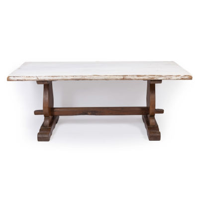 MESA RUSTICA. Em castanho e outras madeiras, tampo pintado. Defeitos e vest&iacute;gios de xil&oacute;fagos. 