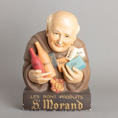 "LES BONS PRODUITS St. MORAND". Figura publicitária em gesso, decoração policromada.