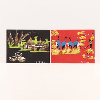 PAISAGENS AFRICANAS. Duas t&eacute;cnicas mistas sobre papel, assinadas Kamara. N&atilde;o emolduradas.Dim.: 