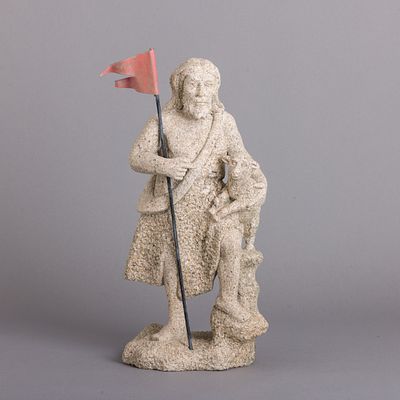 S&Atilde;O JO&Atilde;O BAPTISTA. Escultura em granito e metal pintado. Pequenas falhas.Dim.: 40 cm.