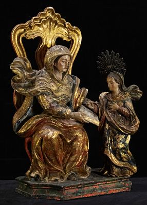 Holy Mothers. Polychrome and gilded wooden sculpture of Saint Anne Mestra and the Virgin Mary as 