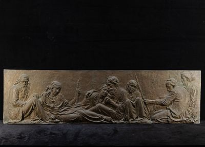 Sculptural Plaque
Teixeira Lopes. Rectangular bronze plaque with reliefs of seven seated 