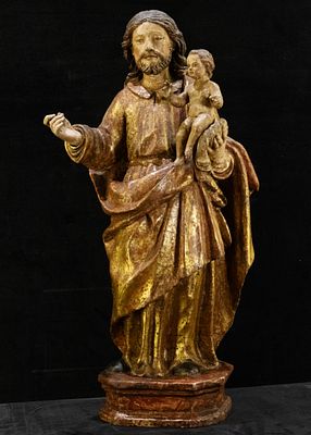 Saint Joseph of Boots and the infant Jesus / Return to Egypt. Polychrome wooden sculpture of 