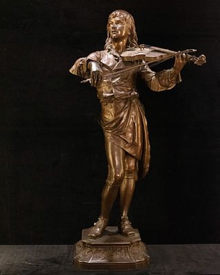 Violinist 
Andr&eacute; Laoust. Bronze figure of violinist Jean-Baptiste Lully.Signed Andr&eacute; Louis 
