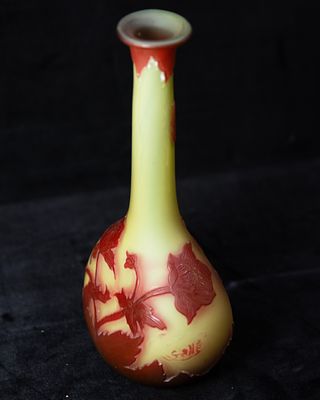 Emile Gall&eacute; - Art Nouveau jar. Art Nouveau glass jar decorated with leaves and stems in warm shades 