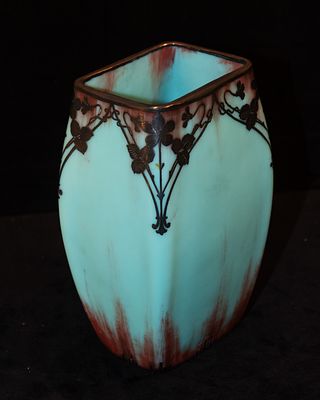 Art Nouveau jar. Opaque glass jar in shades of turquoise blue and burgundy with pewter 