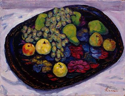 Долинина А.А. - "Поднос с фруктами". Картон, масло. Размер работы - 50 х 65 см. 1960-е годы. 