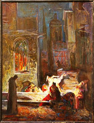 Афанасьев Д.В. "Пир во время чумы" . Эскиз декорации. Холст, масло. размер работы - 80 х 60 см. 