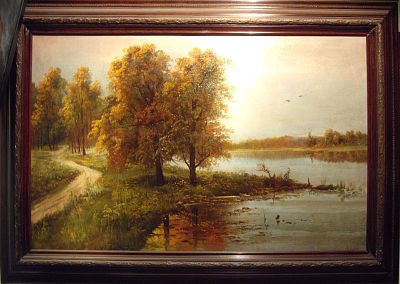 "Осенний пейзаж". Холст, масло. Размер работы - 58 х 90 см. Ширина багета (отреставрированный 