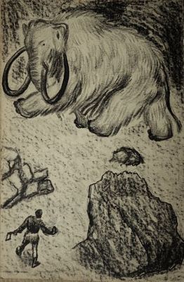 Горб В.А. "Охота на мамонта". Иллюстрация. Бумага, смешанная техника. Размер листа - 16 х 10,5 