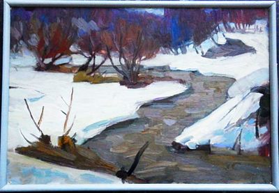 Монахова (Васильева) В.В. "Ручей зимой". Картон, масло. Размер - 33 х 48 см. 1964 год. Имеется 