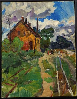 Петров А.Л. "Железнодорожный полустанок" . Холст, масло. Размер работы - 35,5 х 28 см. 1970-е годы.