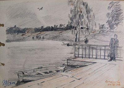 Вакс И.А. "Усадьба Суханово. Пристань на пруду" . Лист из альбома. Бумага, карандаш. Размер 