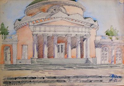 Вакс И.А. "Усадьба Суханово. Дворец" . Бумага, карандаш, акварель. Размер листа - 21 х 30 см. 11 