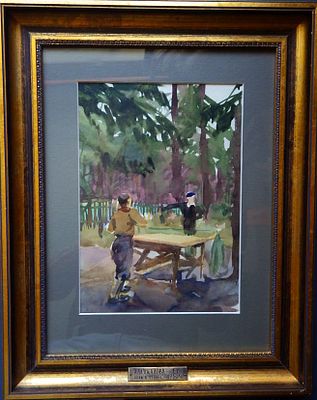 УЧЕНИЦА ПЕТРОВА-ВОДКИНА (см. фото) - Аладжалова Е.С. "Игра в настольный теннис" . Бумага, акварель. 