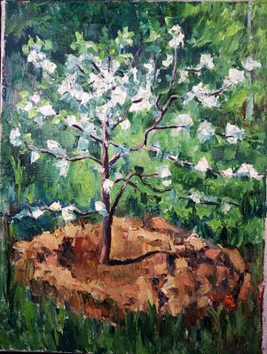 Кочукова Е.Н. "Цветущее дерево" . Холст, масло. Размер работы - 40 х 30 см. 1980-е годы.