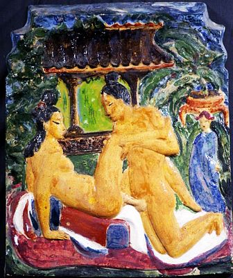 Лукин Е.Н. "Сценка из жизни старого Китая. Эротика" . Копия настенной плакетки. Керамика. Размер 