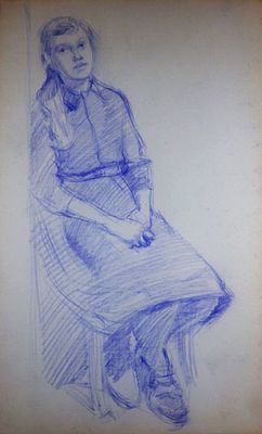 Горб В.А. "Портрет сидящей девушки" . Бумага, фиолетовый карандаш. Размер листа - 40 х 25 см. 