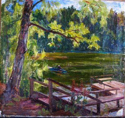 Долинина А.А. "На рыбалке" . Холст, масло. Размер работы - 39 х 42 см. 1970-е годы.