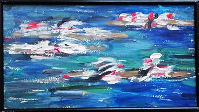 Долинина А.А. "Байдарки" . Картон, масло. Размер - 27 х 50 см. 1960-е годы.