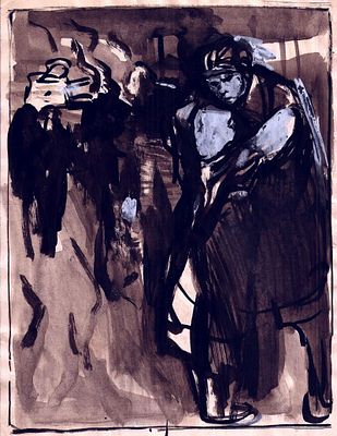 Аладжалова Е.С. "Прощание" . Бумага, акварель, белила. Размер листа - 28,5 х 20 см. 1940 - 50-е годы.