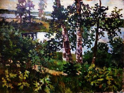 Оболенская Т.Б. - "Пейзаж с берёзами" . Холст, масло. Размер работы - 30 х 40 см. 1950-е годы. 