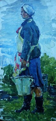 Долинина А.А. - "Доярка". Картон, масло. Размер - 42 х 19,5 см. 1950-е годы.
