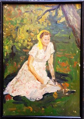 Долинина А.А. - "Сидящая в желтой косынке" (Отдых) . Картон, масло. Размер работы -х 31 х 36 см. 