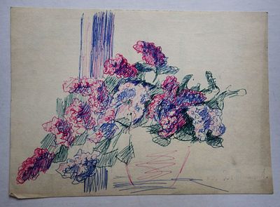 Долинина А.А. - "Сирень в вазе". Бумага, цветные шариковые ручки. Размер листа - 19 х 27 см. 1960-е 