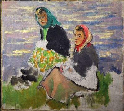 Долинина А.А. - "Девушки из колхоза". Холст, масло. Размер - 46 х 51 см. 1950-е годы.