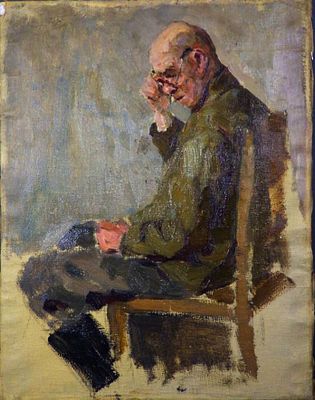 Долинина А.А. - "Сидящий натурщик в очках". Холст, масло. Размер работы - 44 х 34 см. 1950-е годы.