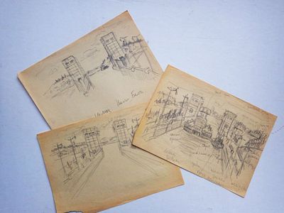 Долинина А.А. - "Шлюз Волго-Балта". 3 варианта эскиза картины. Размер листов - 20,5 х 29 см. 1960-е 