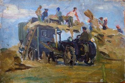 Долинина А.А. - "Страда уборочная". Картон. масло. Размер картона - 25,5 х 37 см. 1950-е годы.