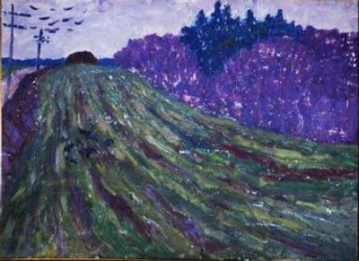 Долинина А.А. - "Пашня вдоль дороги" . Картон, масло. Размер пейзажа - 50 х 70 см. 1960-е годы.