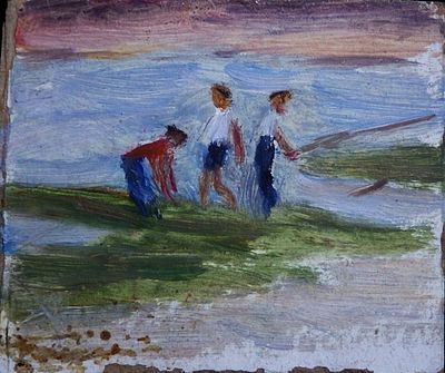 Долинина А.А. - "Рыбаки. На берегу реки". Картон, масло. Размер картона - 10 х 12 см. 1950-е годы. 