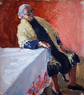 Долинина А.А. - "Натурщица за столом" . Картон, масло. Размер - 40 х 36 см. 1950-е годы.