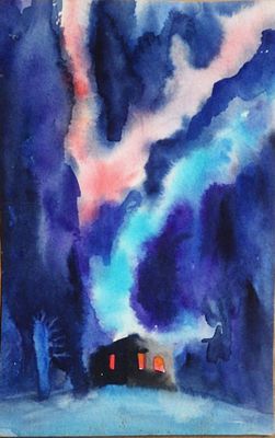 Долинина А.А. - "Северное сияние". Эскиз. Бумага, акварель. Размер листа - 13 х 8 см. 1970-е годы. 