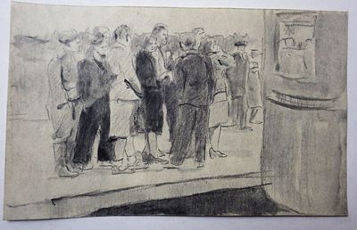 Долинина А.А. - "На улице. Ожидающие". Серая бумага, смешанная техника. Размер листа - 17 х 27 см. 